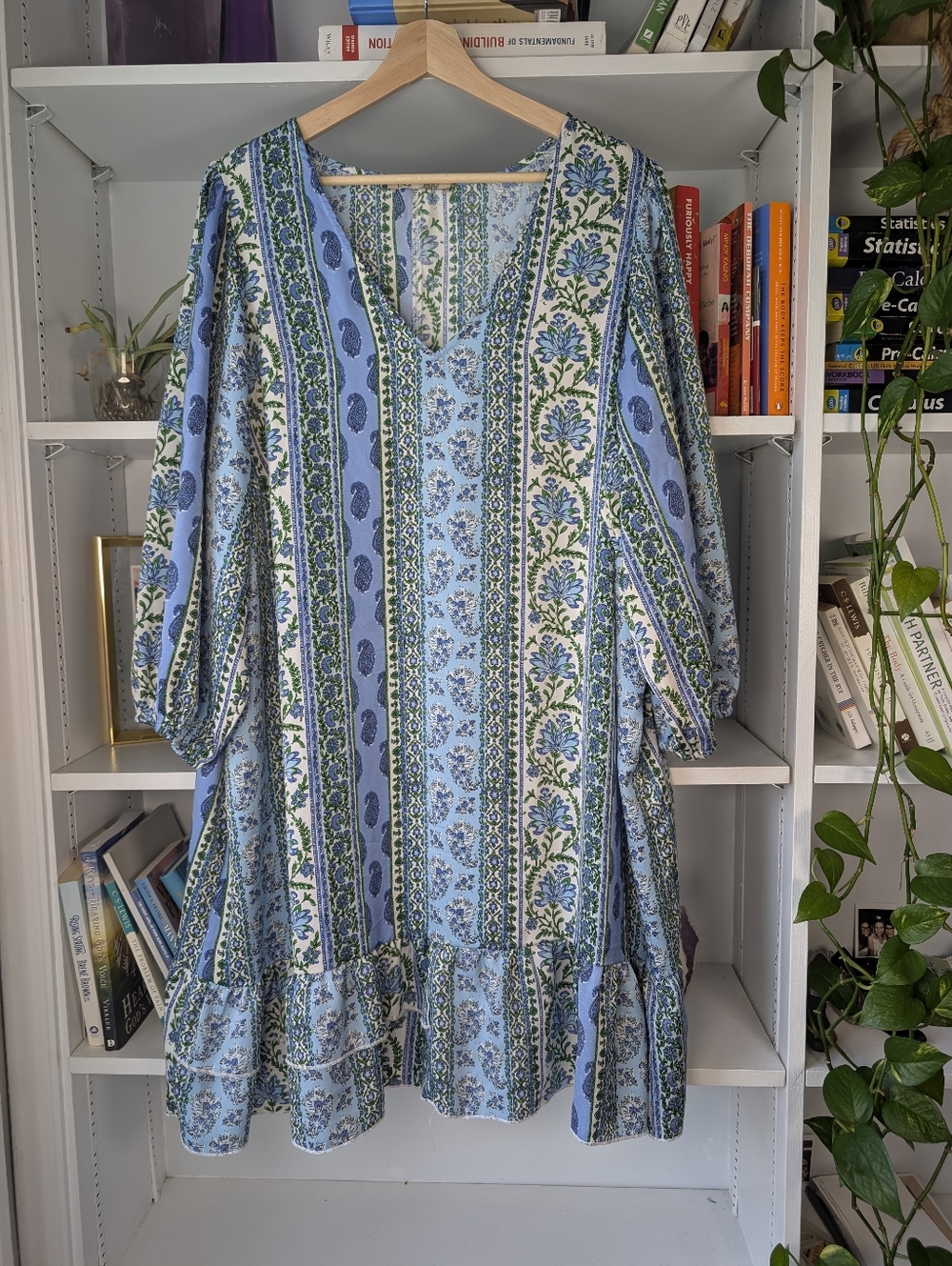 Dex V-Neck Shift Dress Blue Green Paisley Floral Patchwork Stripe Size 1X Boho - Picture 2 of 8